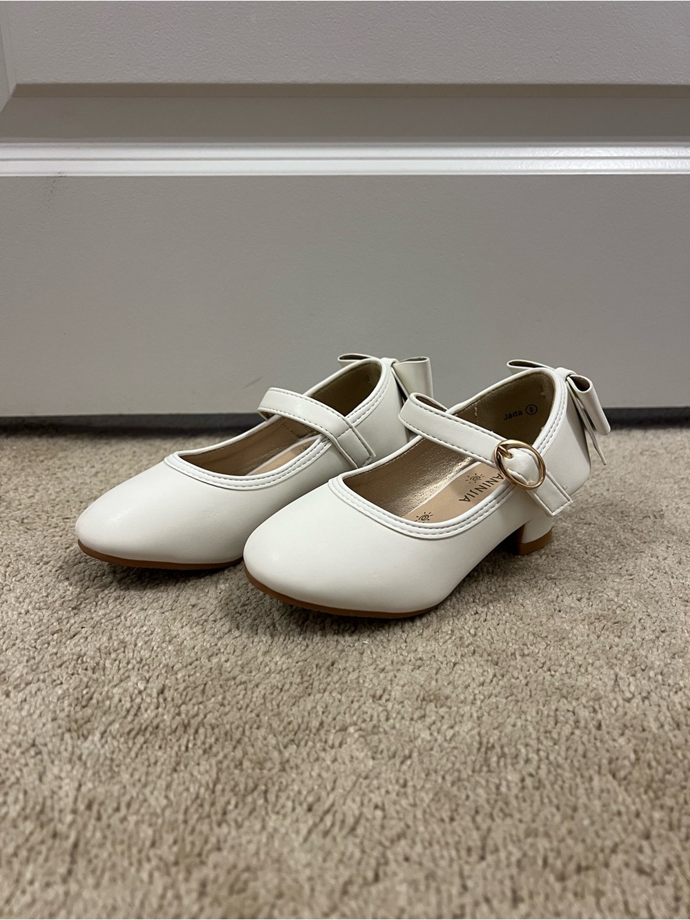 Ada Cream Girls Mary Jane Dress Shoes with Bow and Gold Buckle